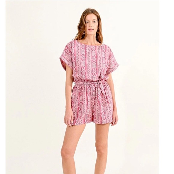 Molly Bracken Pants - Molly Bracken Pink Damask Print Belted Romper Short Sleeve Button Back Jumpsuit